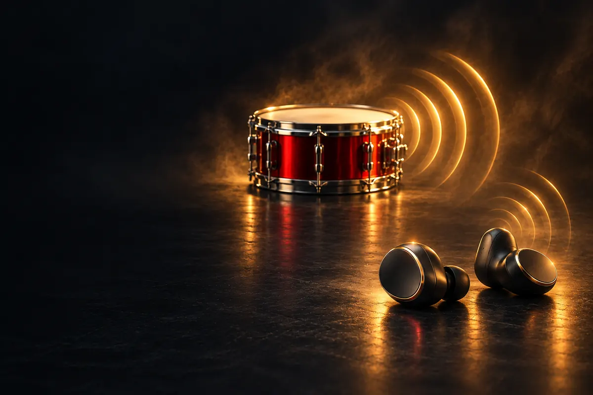 A red snare drum sending out gold sound waves towards a pair of wireless earbuds in the foreground