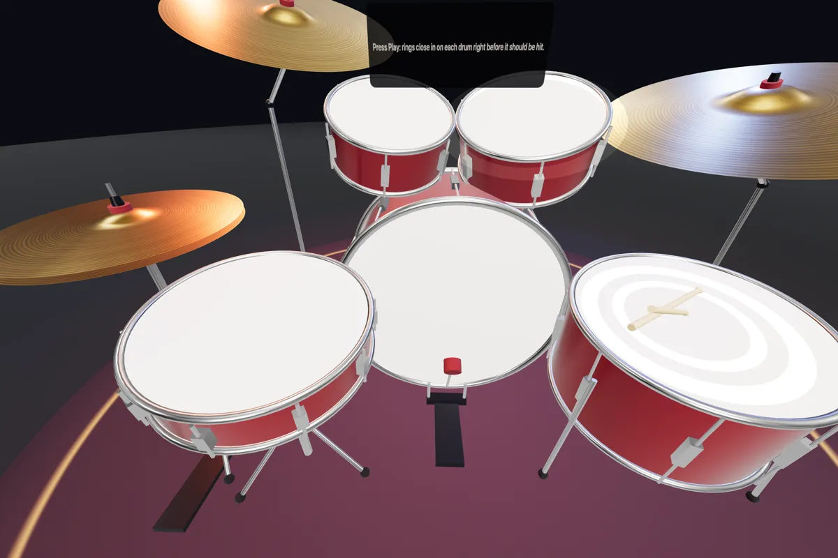 A red 3D drum kit in VR seen from the drummer’s seat, with a practice cue ring on the floor tom