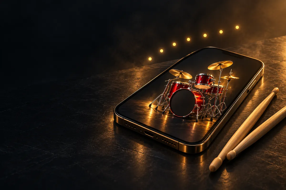 A smartphone showing a small red 3D drum kit, with two drumsticks beside it and seven glowing dots in an arc above