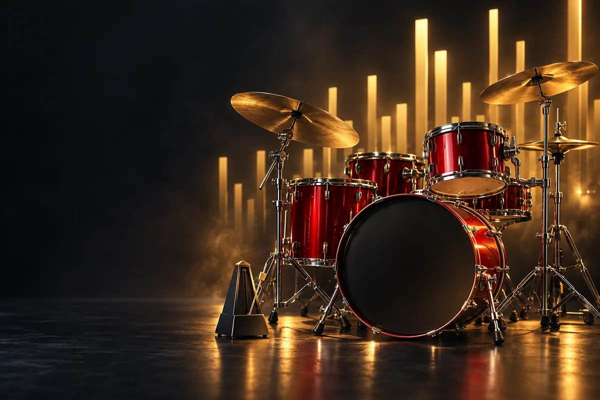 A red drum kit on a dark stage with glowing gold bars rising behind it like a tempo chart, and a metronome in front