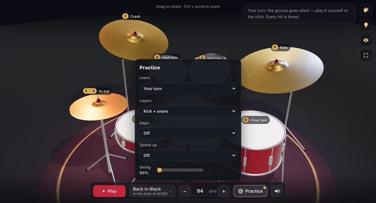 The Practice panel of the Drums3D kit with Your turn mode, the Kick + snare layer, Gaps and Speed up options