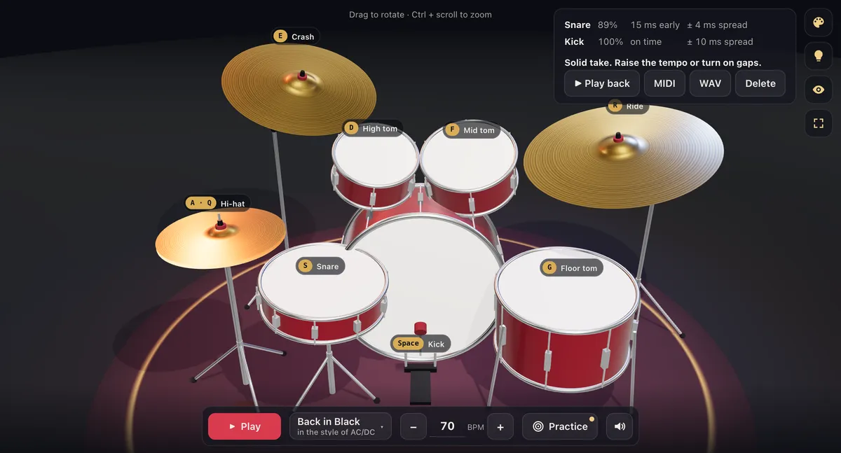 Report after a Your turn take: snare 89% in time and 15 ms early, kick 100% on time, with buttons to play back the take or save it as MIDI or WAV