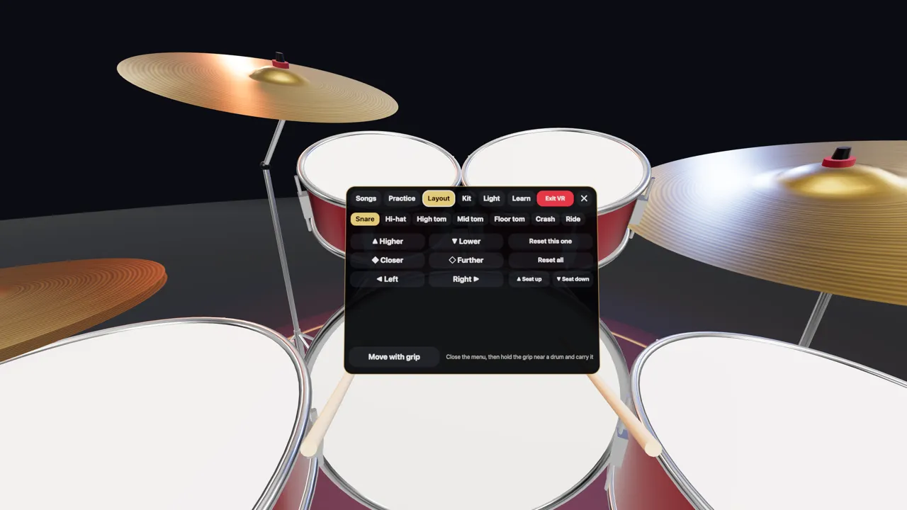Layout menu: moving the snare and the seat