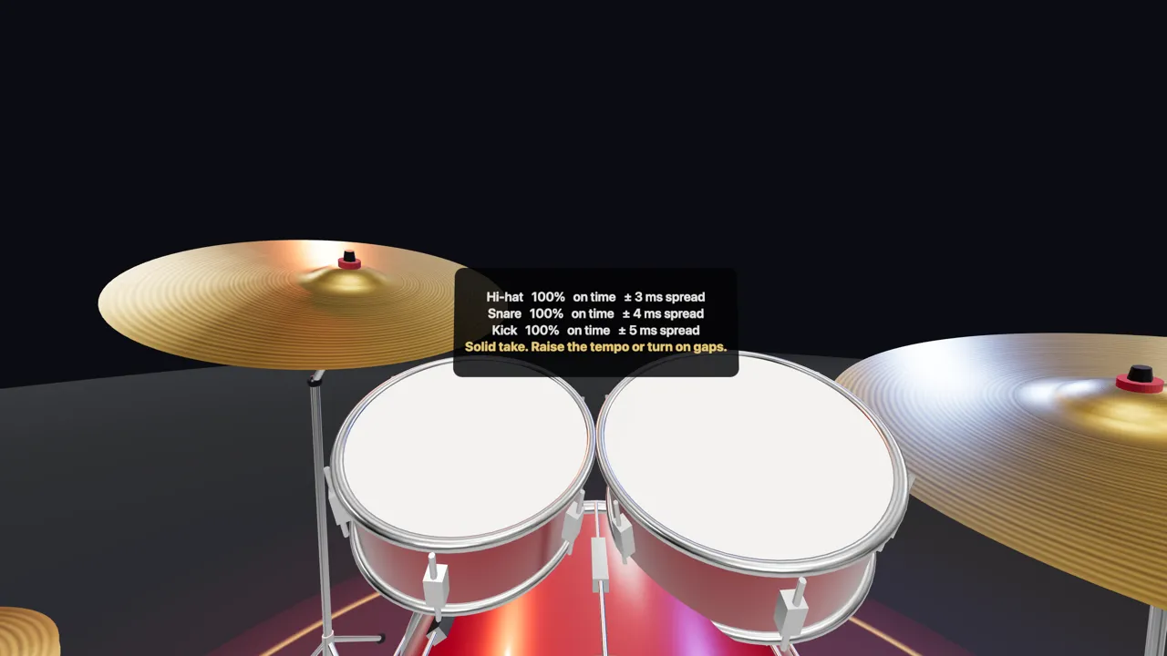 Practice report above the toms: timing per drum